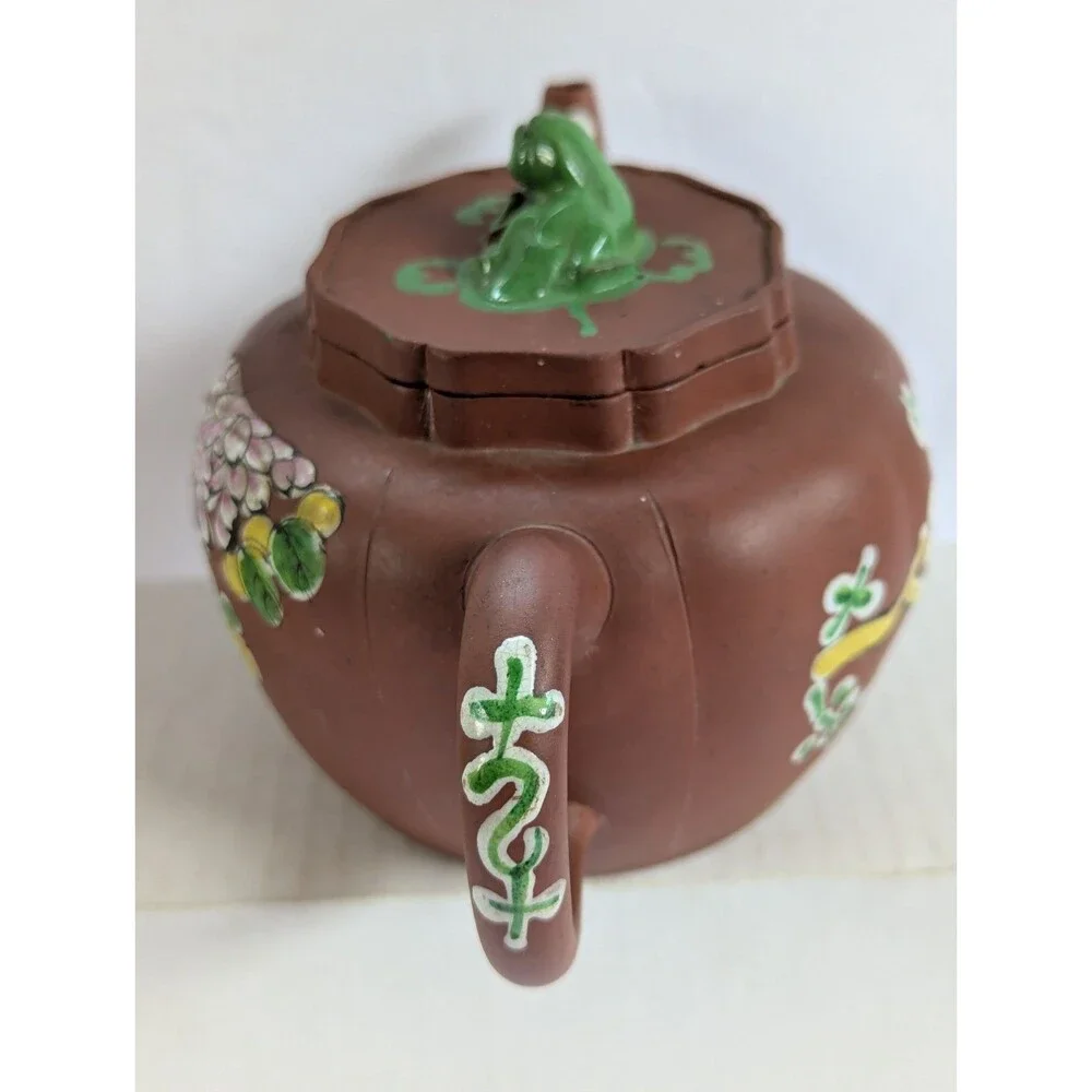 Vtg Yixing Zisha Clay Teapot W/ Enamel Floral & Bird Design 5